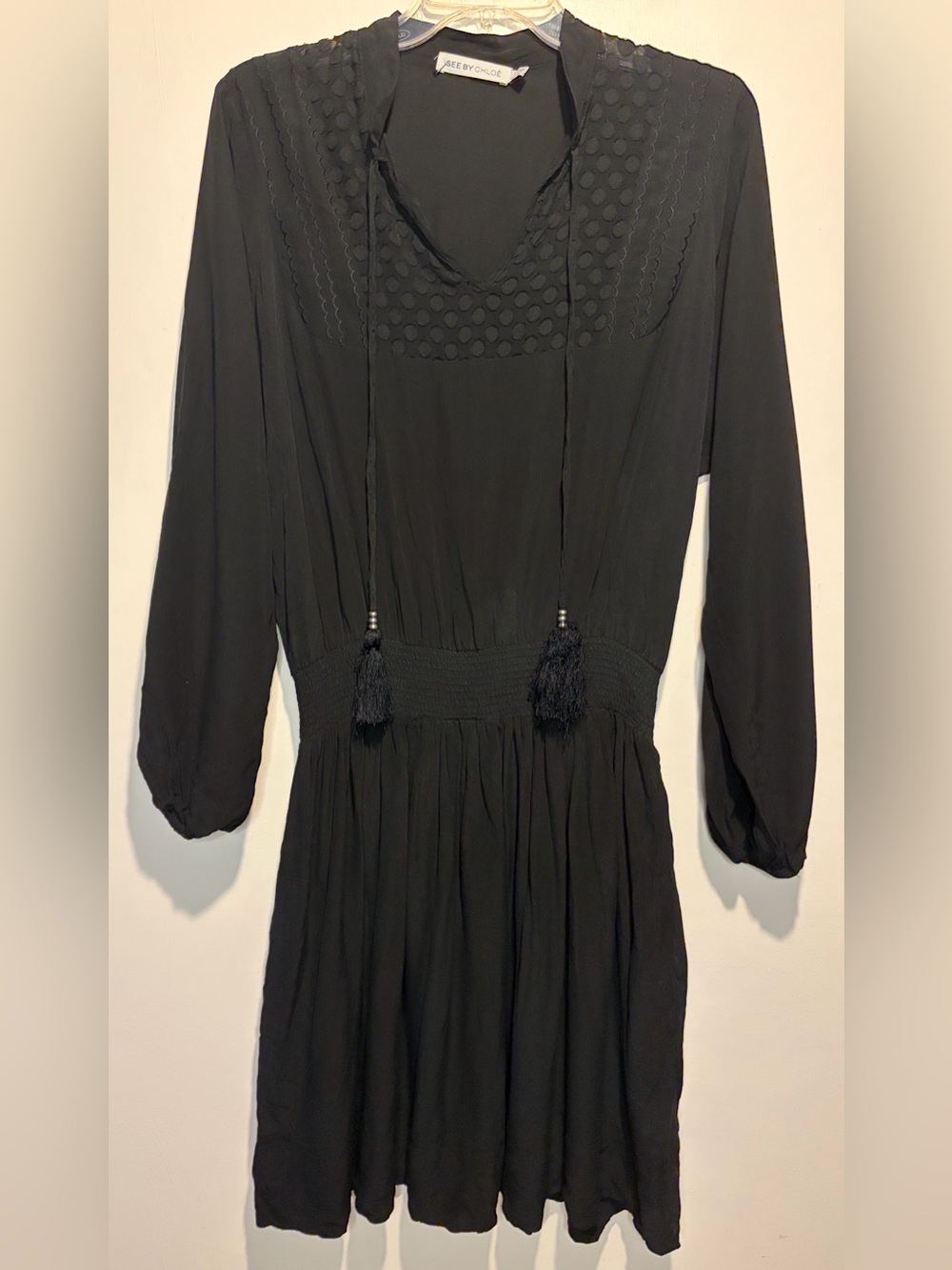 See By Chloe 100% Silk Black Sheer Boho Long Sleeve Dress Tassels Pockets SZ 6